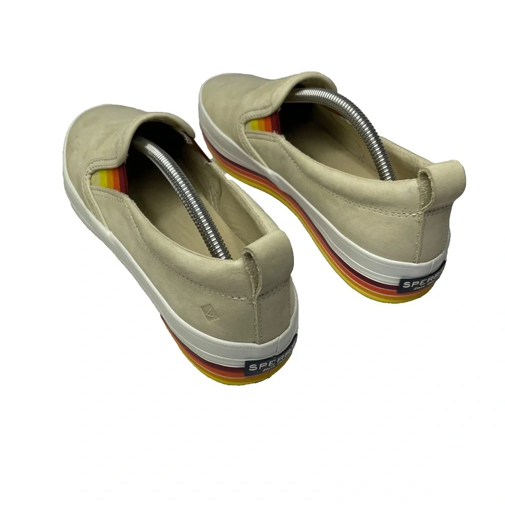 Sperry Top Sider Boat Shoes Womens 7.5 Tan Rainbow Pride Slip On Leather Sneaker